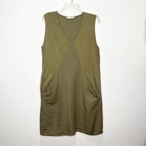 Luna Luz 100% Linen Inset Tank Pockets Dress Olive Green Lagenlook Medium Lounge